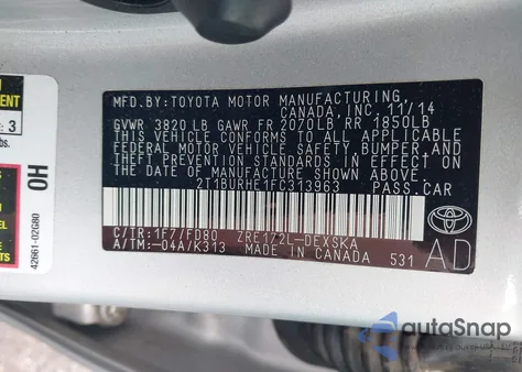 2015 Toyota Corolla S Plus из США, поврежденный, VIN 2T1BURHE1FC313963